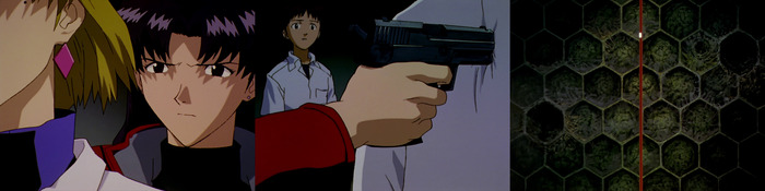 Мисато, Рицко и Синдзи -- на пути к правде. Лифт в Терминальной Догме, на заднем фоне видна ячеистая структура Черной Луны.