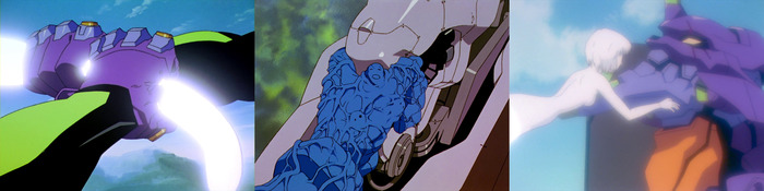 Ева-01 ловит второй конец Ангела руками. На руках Синдзи появляются "мини головы" Рей. Гигантская "Рей" обнимает Еву-01.