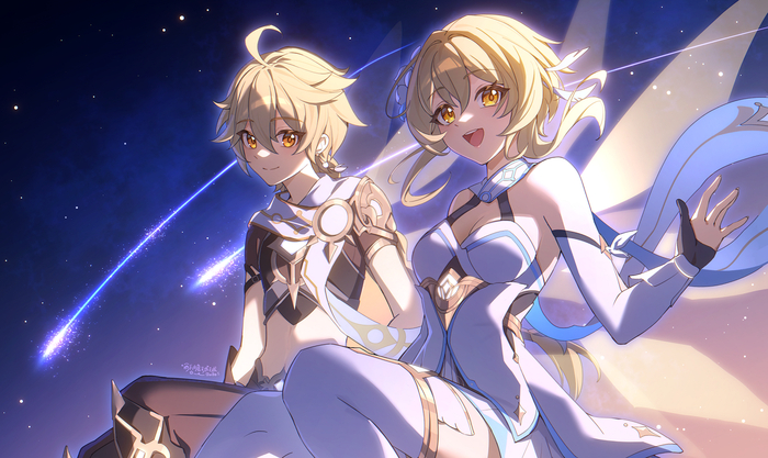  , Anime Art, Pixiv, Genshin Impact, Lumine (Genshin Impact), Aether (Genshin Impact)