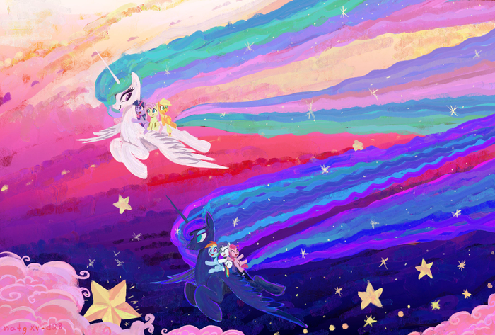     -  , ,  My Little Pony, Fluttershy, Twilight Sparkle, Princess Luna, Applejack, Princess Celestia, Rarity, Pinkie Pie, Rainbow Dash