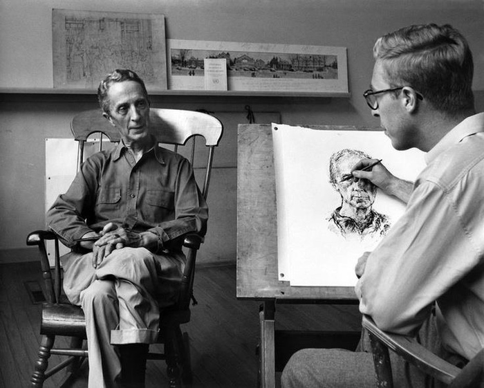 Jarvis creating a web sculpture in Williamsville, MA, in 1975.