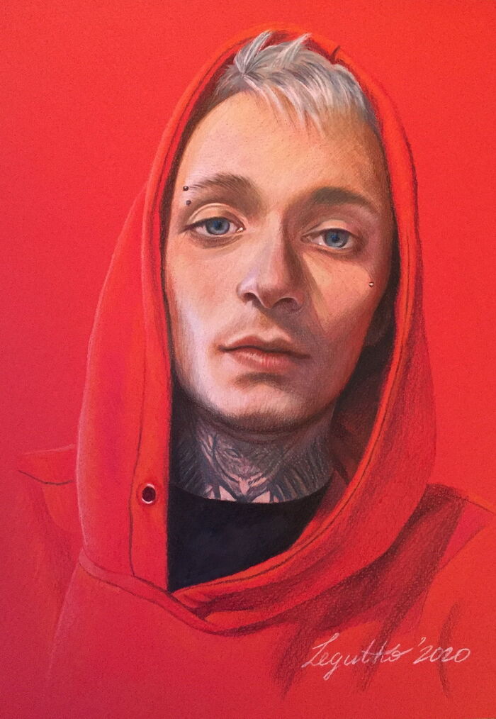 Red portrait. Цветные карандаши, бумага для пастели, формат А4, 2020г.