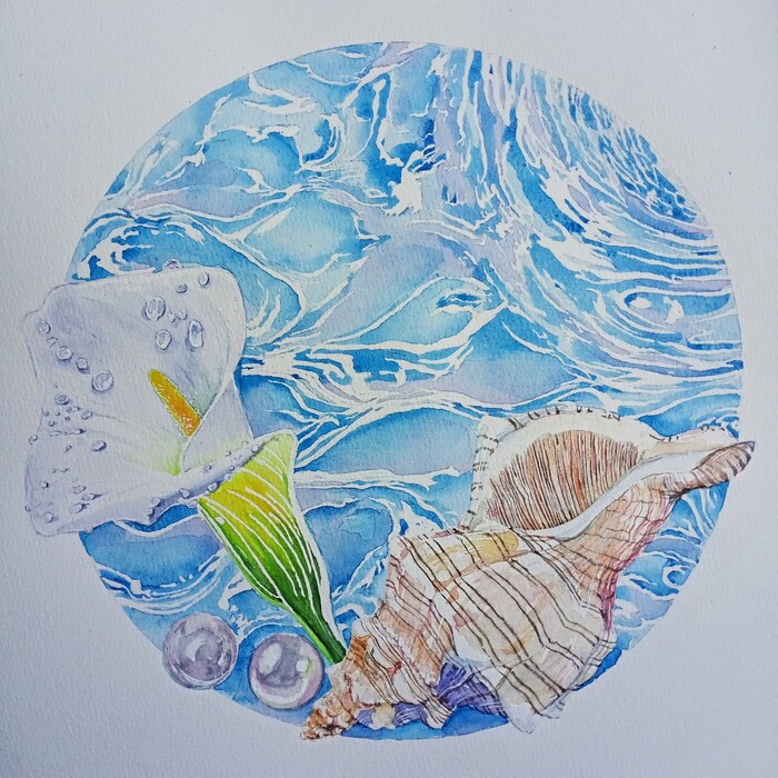 Акварель, маскирующая жидкость, бумага 50% хлопок.