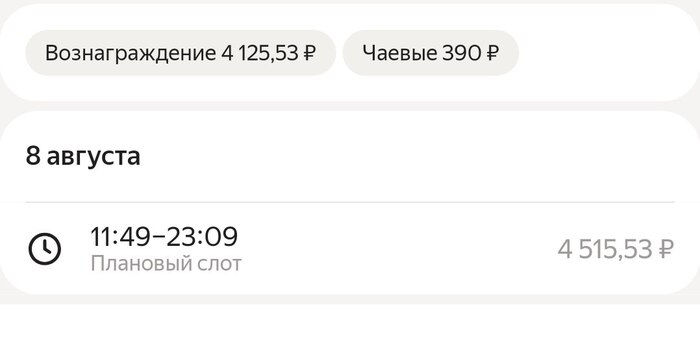 За 10 часов работы (1 час была пауза для замены батарей). Повезло и с ресторанами, и курьерами, и шкафом/поддержкой в тот день. 412 р/час. Чаевых обычно немного поменьше