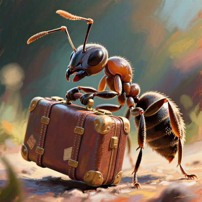 Qwen-Image: Макросъёмка, муравей держит в двух передних лапах большой чемодан, высокая детализация, маслом, 2D-рисунок