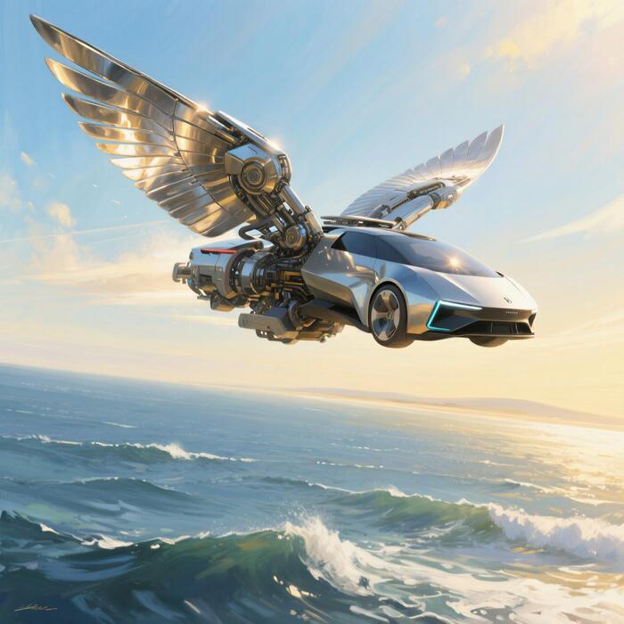 Qwen-Image: День, современная машина с большими механическими крыльями из металла летит над морем, высокая детализация, маслом, 2D-рисунок.