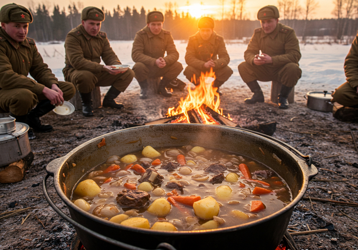 Солдаты красной армии варят американскую тушенку с картофелем на костре
