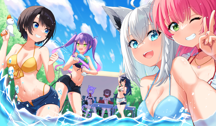 Holonatsu Hololive, Virtual YouTuber, Shirakami Fubuki, Sakura Miko, Oozora Subaru, Tokoyami Towa, Ookami Mio, Nekomata Okayu, Inugami Korone, Animal Ears, Anime Art, , 