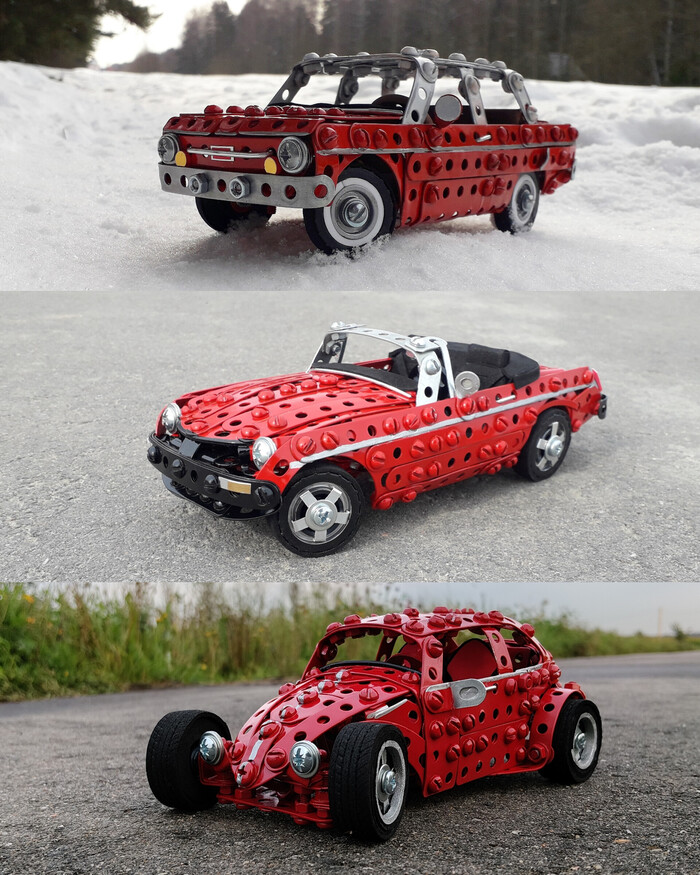 ЗАЗ-968А, MG MGB, Volkswagen Beetle из металлического конструктора, проволоки, резины и картона