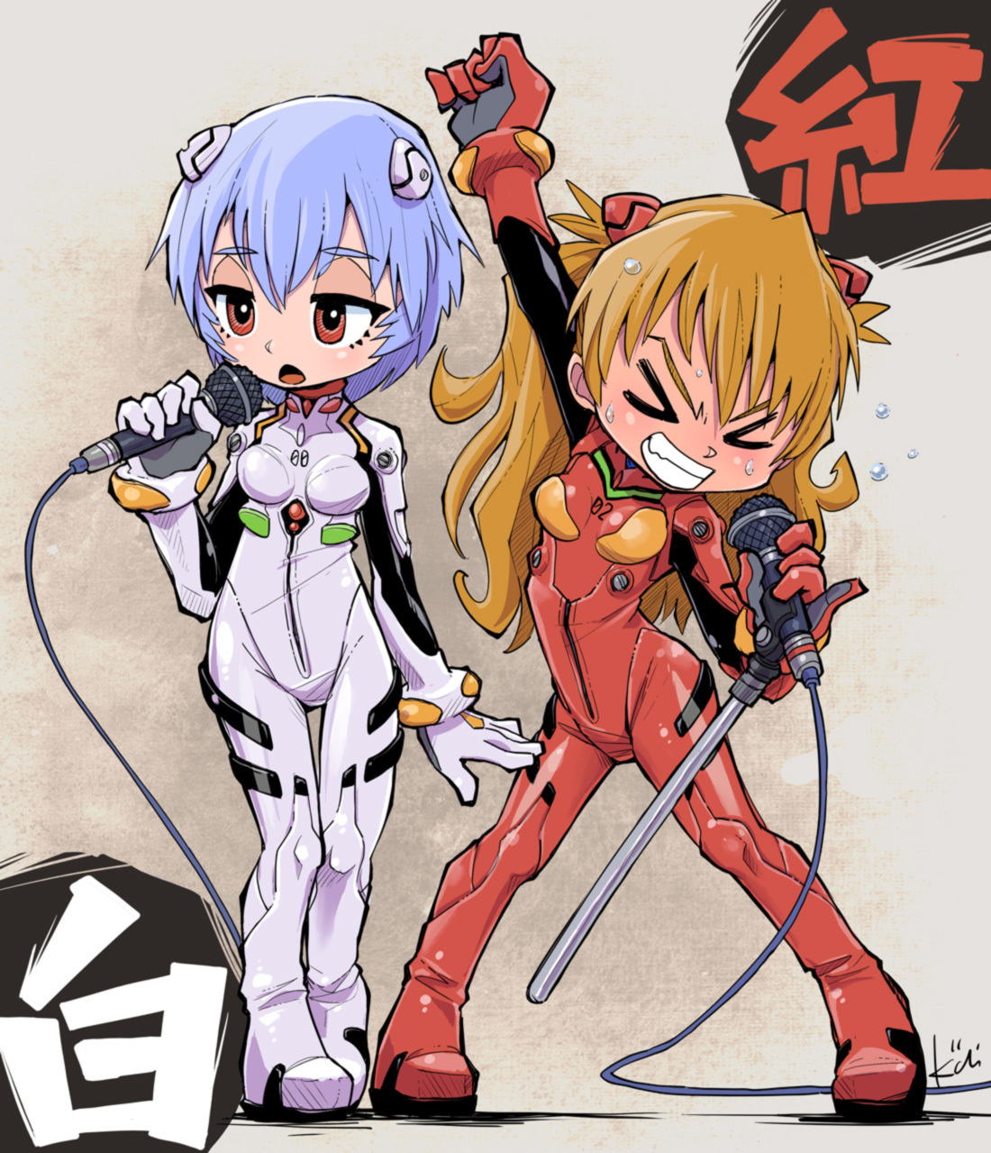 Show must go on! - Аниме, Anime Art, Evangelion, Asuka Langley, Rei Ayanami, Show must GO on, Поза, Ор, Песня, Queen