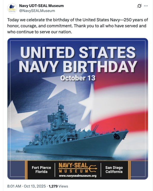 Национальный музей спецподразделения ВМС США «морские котики» опубликовал поздравление с 250-летием флота, использовав фотографию российского ракетного крейсера «Варяг».