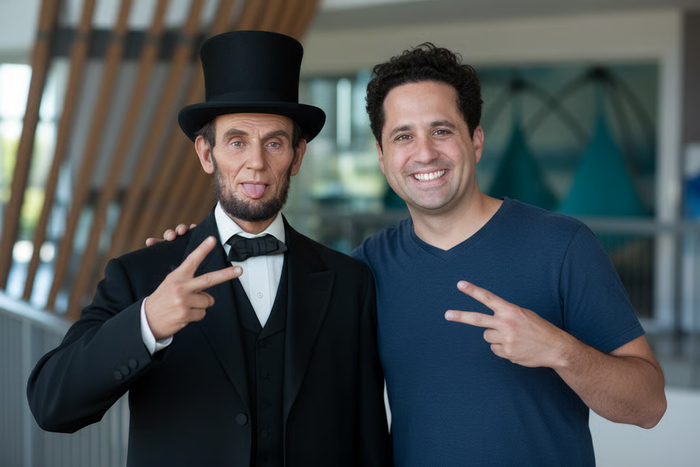 Шэрон с Авраамом Линкольном на фотографии, созданной Nano Banana( Google )