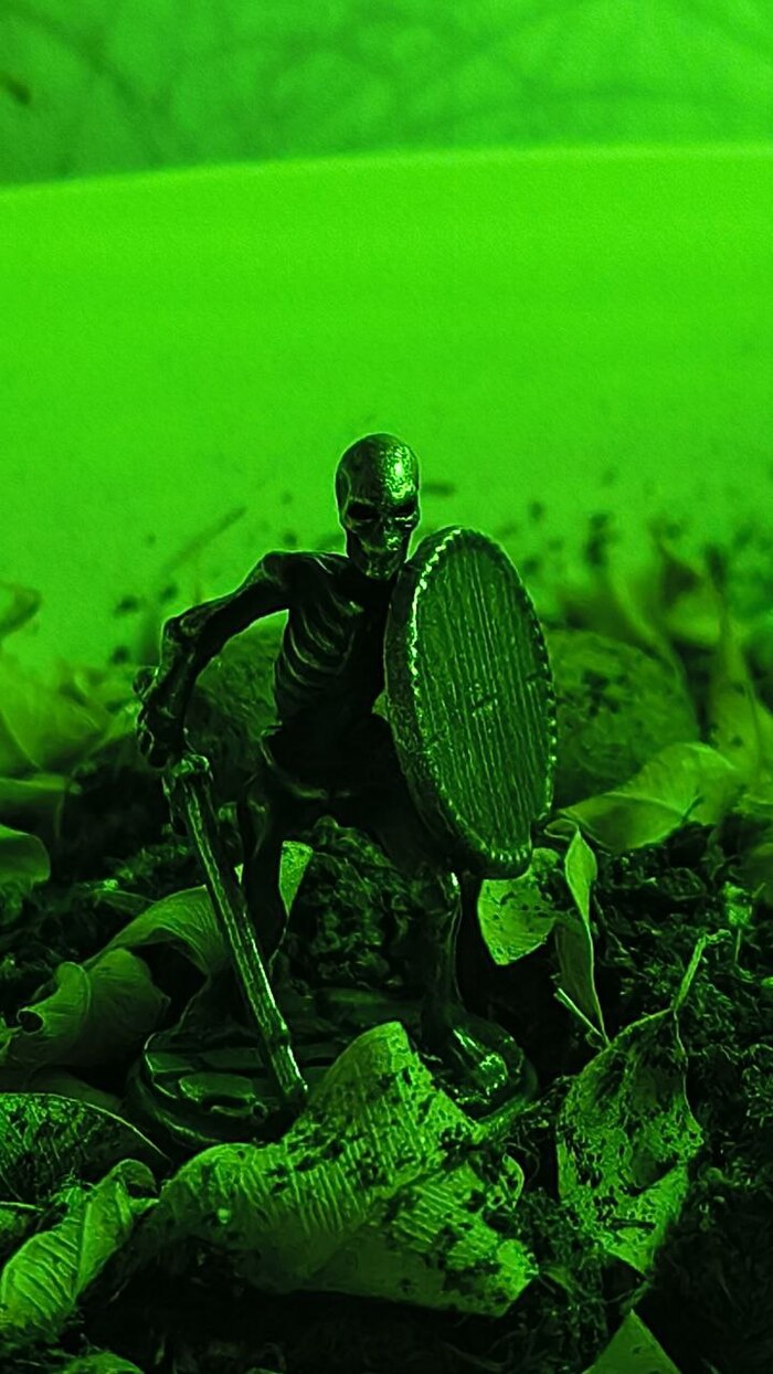 В зыбком изумрудном свете, что струится сквозь листву исполинского древнего древа, застыл в вечном дозоре Воин-Скелет.