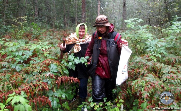 Найденная в лесу женщина в сопровождении спасателя Экстремум выходит к дому. Фото из архива ПСО Экстремум.
