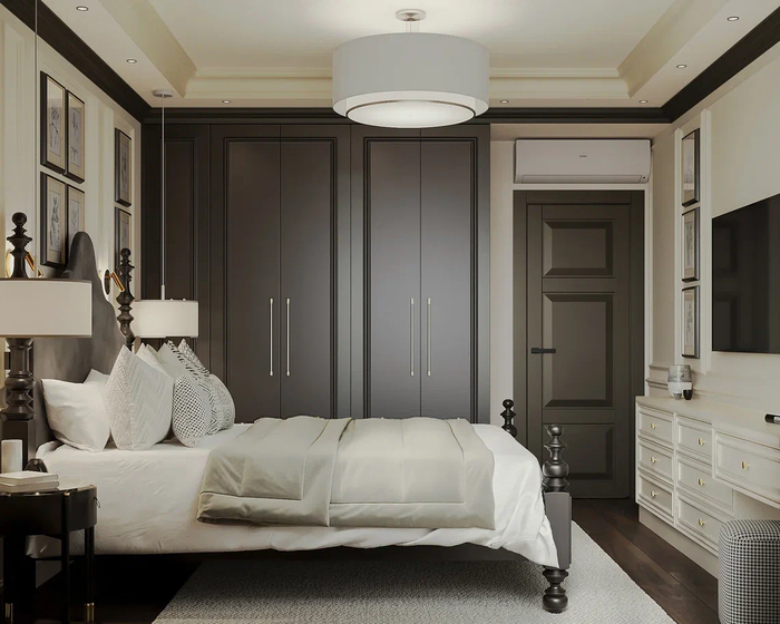 Дизайн интерьера квартиры в ЖК «Лермонтовский 54», спальня с темным деревом в интерьере от студии Artum.