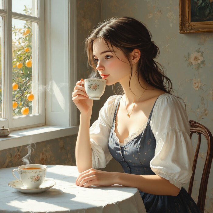 Нарисуй картинку девочка с чаем в стиле аниме по аналогии с картиной «Девочка с персиками»