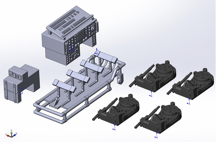 Рис. 5. 3D-геометрия специального оборудования в салон, каталки и ранцев с протонами излучателями охотников за привидениями в сборе и в разнесённом виде