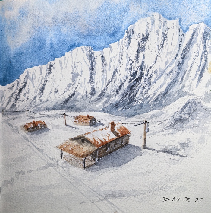 Зимний посёлок, акварель, 18x18