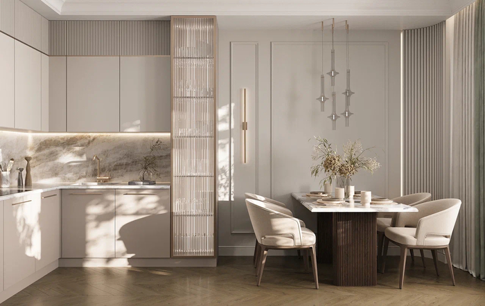 Дизайн интерьера квартиры в ЖК «Северная корона», кухня в светлых оттенках — проект студии Artum.