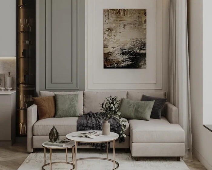 Дизайн интерьера квартиры в ЖК «ЦДС Чёрная речка», кухня-гостиная в пастельных оттенках — проект студии Artum.