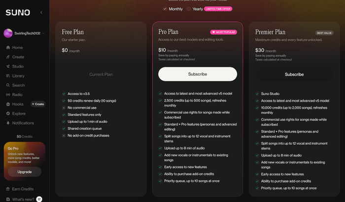 Suno: Free, Pro  Premier