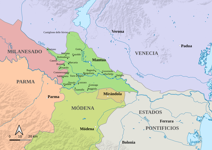 Герцогство Мантуя отмечена зелёным.