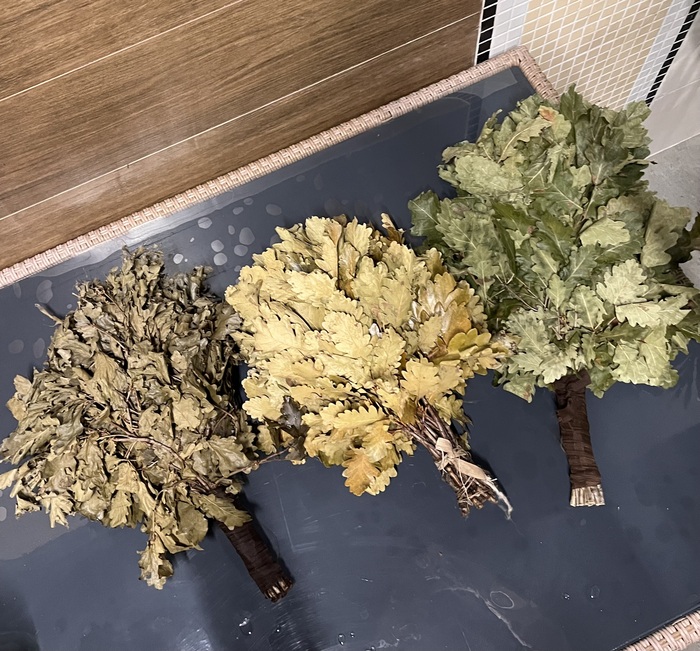 1 слева - замочен в тазу с кипятком, 2 - поставлен в вазу, как цветы 3 - заПАРен во влажном полотенце