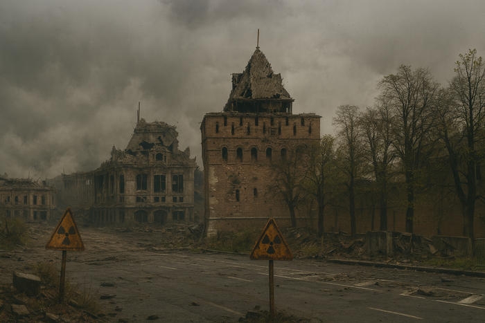 Представление нейронки ChatGPT про постапокалипсис в центре Нижнего Новгорода