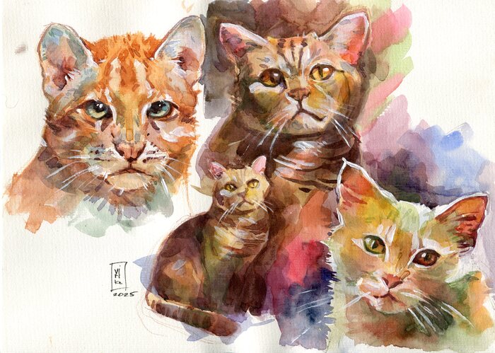 Наброски котов акварелью