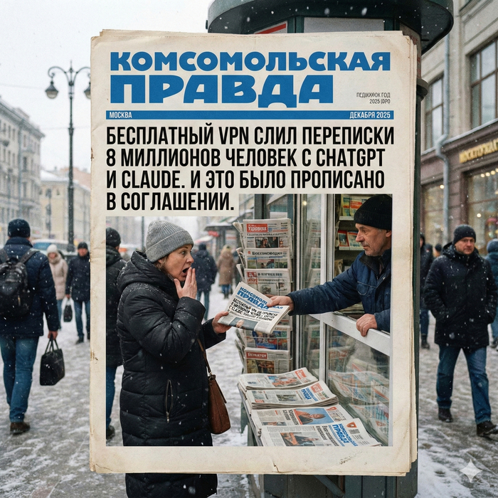Бесплатный VPN слил переписки 8 миллионов человек с ChatGPT и Claude. И это было прописано в соглашении
