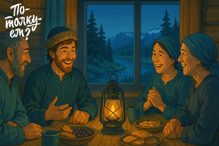 Молодой северянин сидит за столом в деревянном доме с друзьями и смеётся