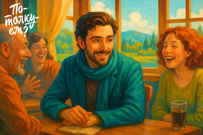 Мужчина в зелёной куртке слушает друзей за столом в светлом кафе