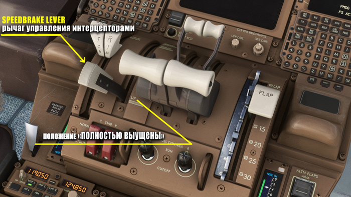 Рычаг интерцепторов в кабине Боинг-777