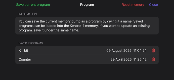 Экран Program с возможностью сохранения и выгрузки программ