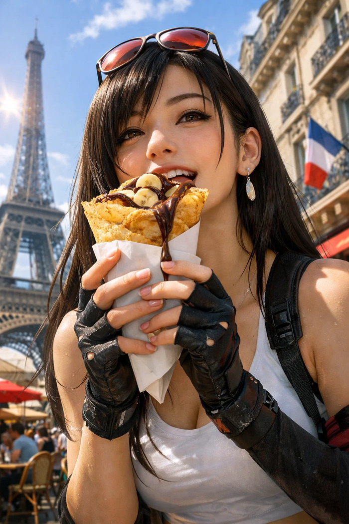Париж: Тифа вгрызается в шоколадный креп с бананами напротив Эйфелевой башни. Шоколад капает, жизнь прекрасна. Vive la France! #Париж #Креп #ТифаВОтпуске