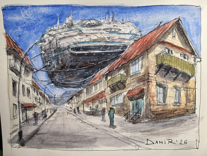 Скетч "Рабочий посёлок 2226" (скетчбук, линеры, акварель)