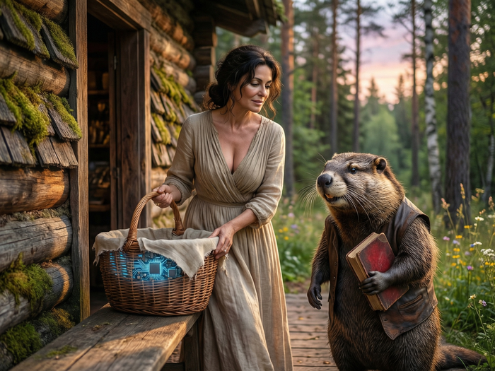 Вот уж не знаю, откуда у бобра книга, но она есть и твердо держит позицию. Голубое свечение в корзинке - это материнская плата. Я думаю, Светлячок насмотрелся Голливуда, поэтому она и светится.