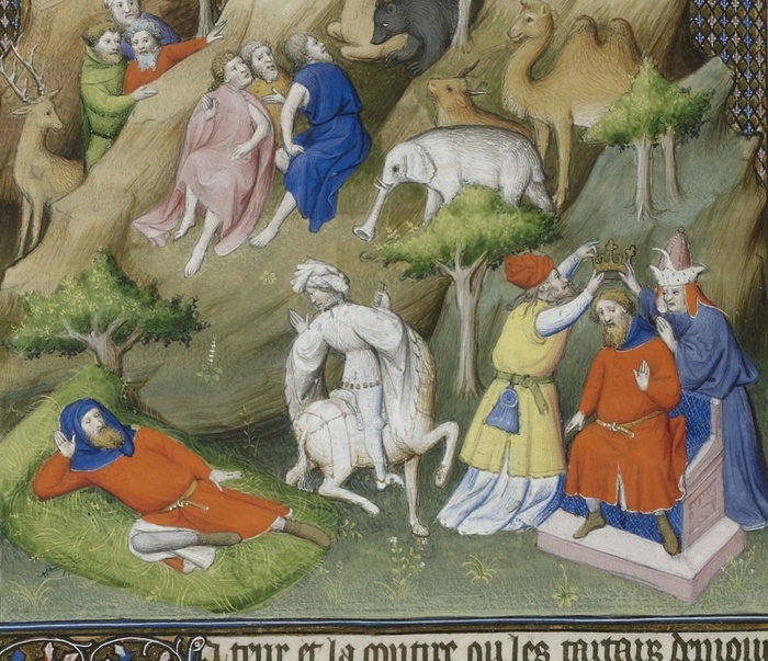 Сон Чингизхана – Белый Рыцарь предсказывает коронацию Чингизхана, как повелителя Великой Тартарии. Миниатюра Марко Поло (1298 г.)