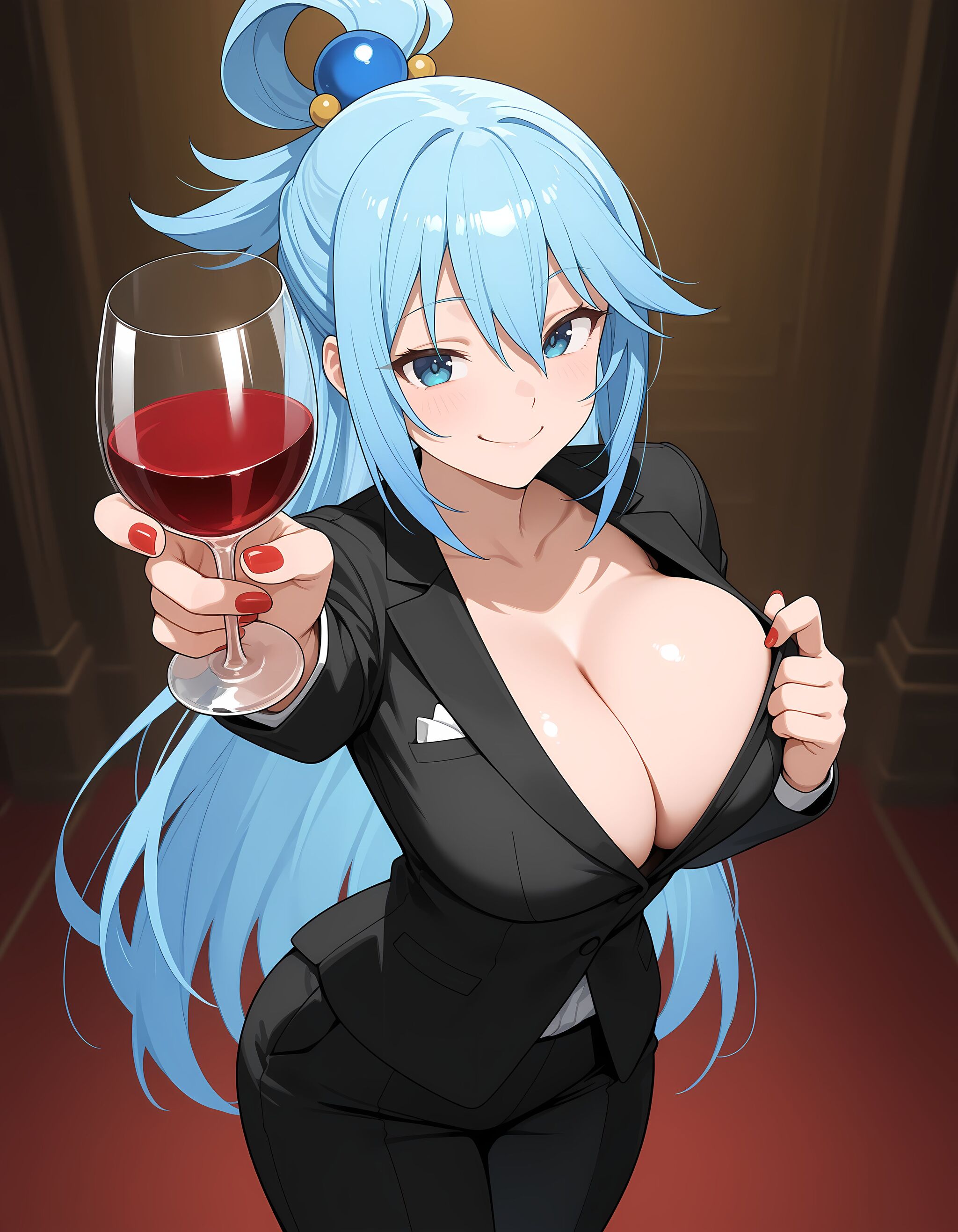 Коносуба, пятничная: Аква - Серия Пятничная Коносуба, Моё, Контент нейросетей, Арты нейросетей, Stable Diffusion, Аниме, Девушки, Цветные волосы, Konosuba, Aqua, Декольте, Голубые глаза, Голубые волосы, 18+, NSFW