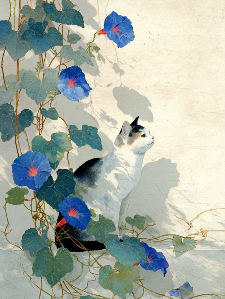 Tricolor cat and bindweed - Art, cat, Tricolor cat, Ipomoea