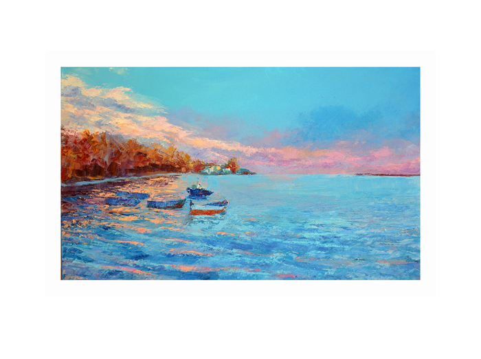 Бухта Аполлоновка, лодки на закате, 50х30, 2014