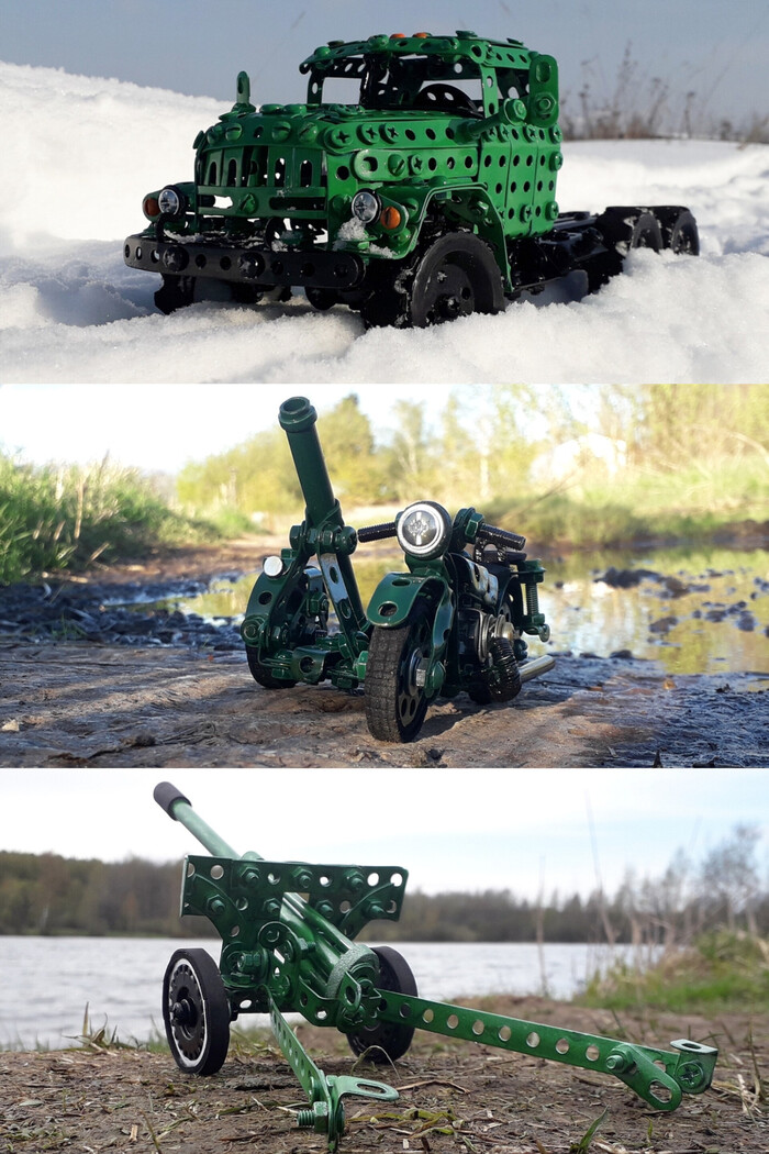 ЗиЛ-131, Урал М-72, ЗИС-3 из металлического конструктора, проволоки, резины и картона