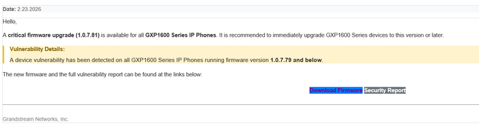 [Important Firmware Update] Grandstream GXP1600 Series Firmware 1.0.7.81
