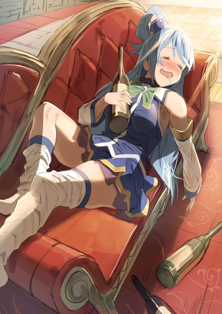 Напилась и спит - Аниме, Anime Art, Konosuba, Aqua, Pixiv, Алкоголь