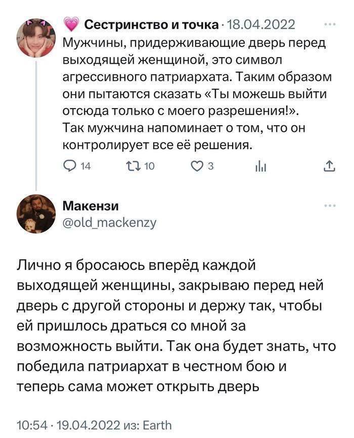 Придержал дверь – патриархат. Не придержал – мизогиния. Осталось выяснить, не является ли само существование дверей формой угнетения?