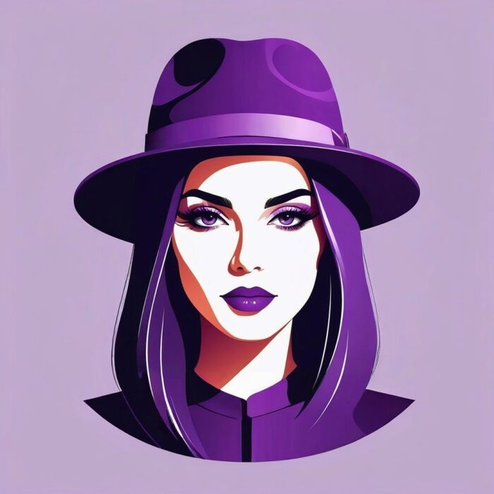 Minimalist vector image, woman's portrait, vector technique, hat in amethyst shade