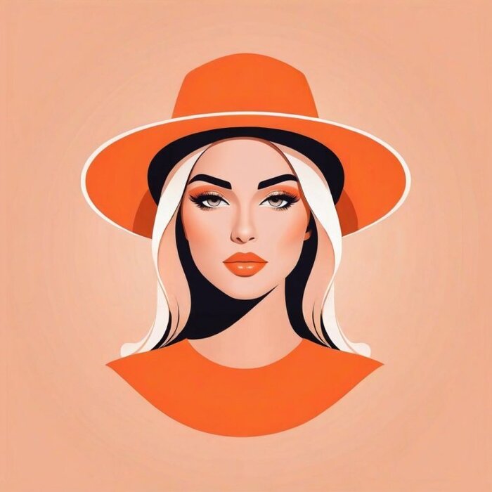 Minimalist vector portrait of a girl, vector graphics, hat warm peach shade