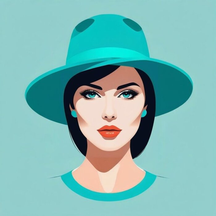 Minimalistic vector portrait, young woman, vector graphics, hat turquoise hue