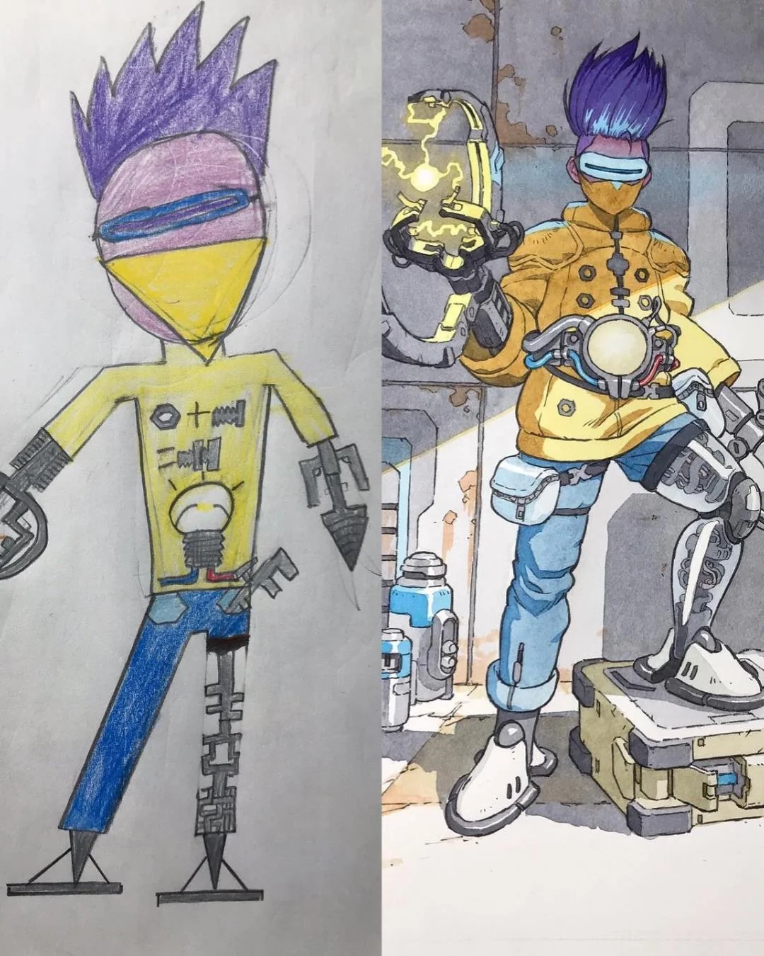 Animator Thomas Romain transforms his son's drawings into epic anime-style characters. - Anime, Style, Painting, Children, Father, Parents and children, Drawing, Amendments, Changes, Artist, Longpost