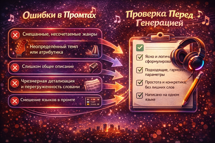 Промты для нейросети суно и англоязычный вариант запроса без ошибок.